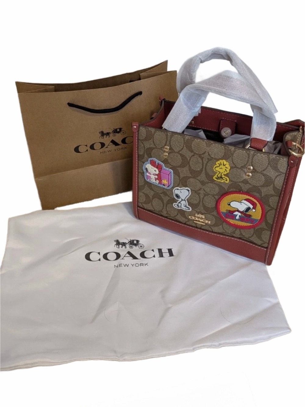 Coach X Peanuts Dempsey Tote Bag 22 in Signature Canvas with Patches NWT